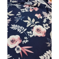 Granatowa elastyczna dzianina Jersey - pudrowe kwiaty - kupon 2,40m